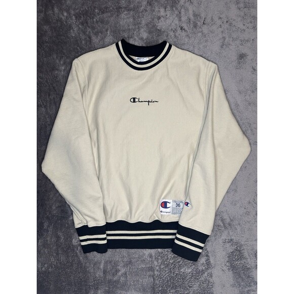 Champion Reverse Weave Sweatshirt Small Beige Black Varsity Stripe Crewneck - Picture 1 of 5